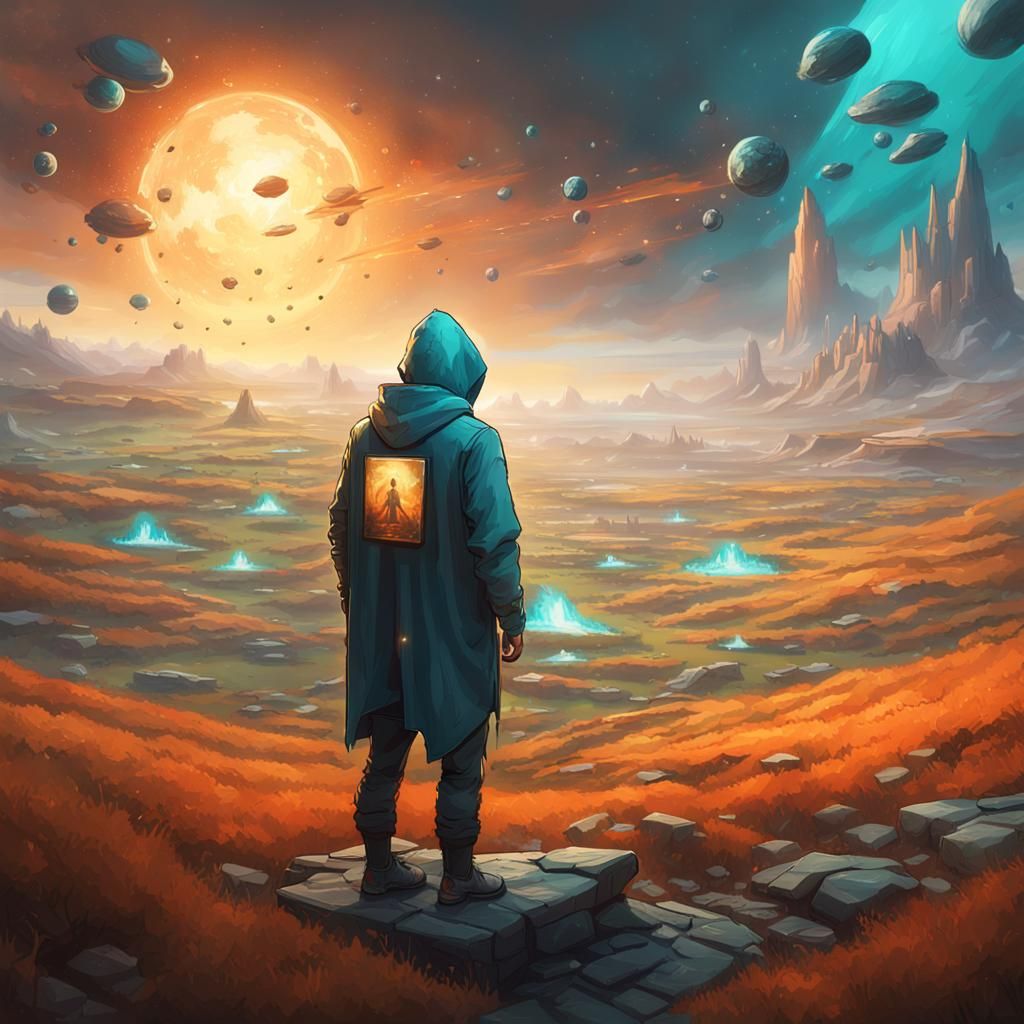 Fantasy Card Holder Overlooking Futuristic Battlefield