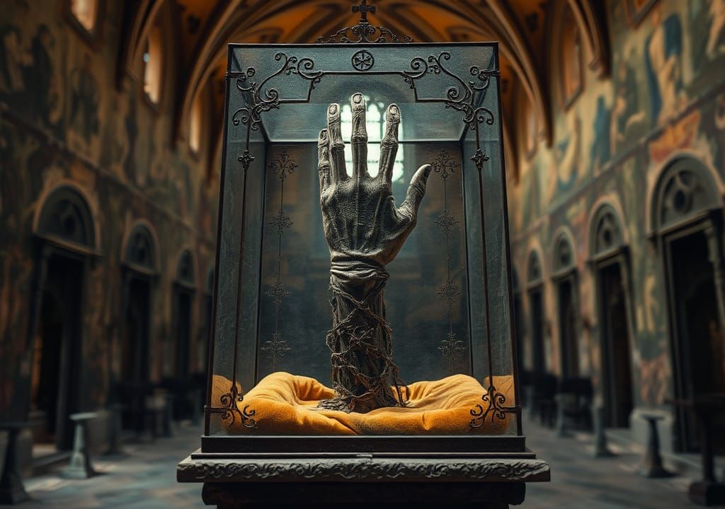 Mummified Hand Relic in Gothic Glass Case