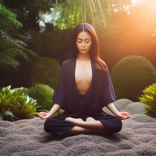 Brunette Woman Meditating in Beautiful Zen Garden