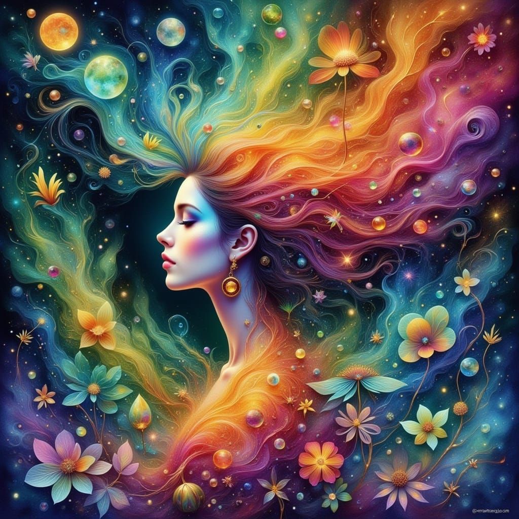 Mystical Woman Dissolving in Ethereal Watercolor Painting