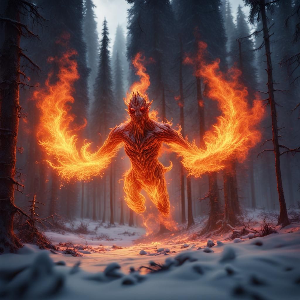Fire Ghost Glides Through Snowy Forest