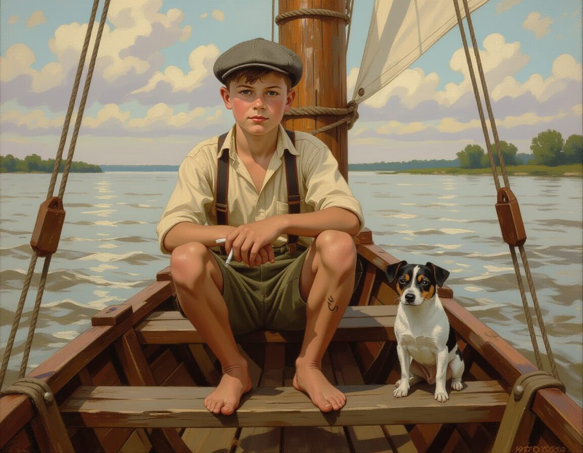 Boy on Raft in Impressionist Oil Painting