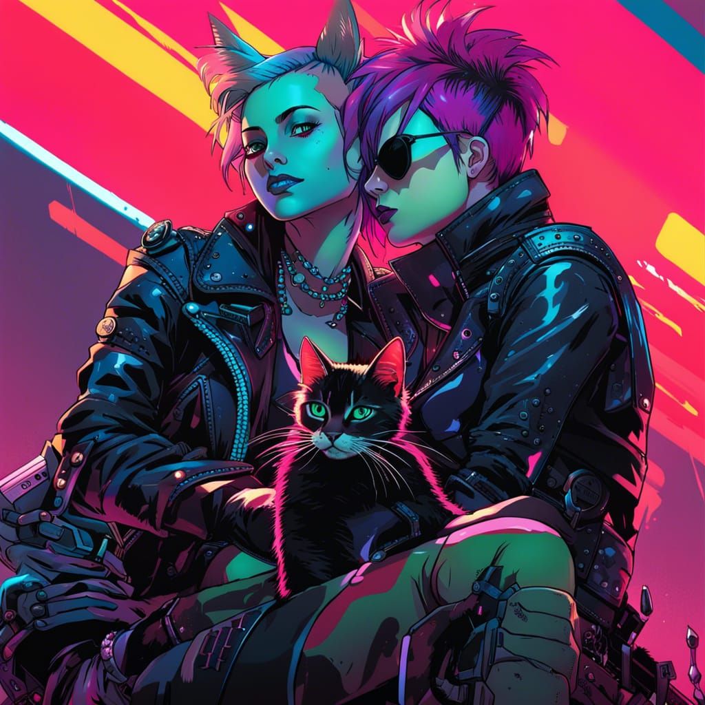 Punk-Rock Cyborg Cuddling Cat in Cyberpunk Style