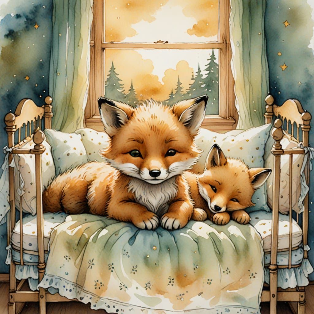 Sleepy Fox Cub in Crib: Watercolor Illustration