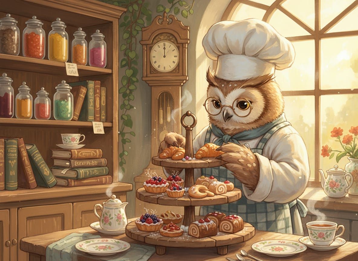 Whimsical Owl Chef Arranges Pastries in Cozy Bakery