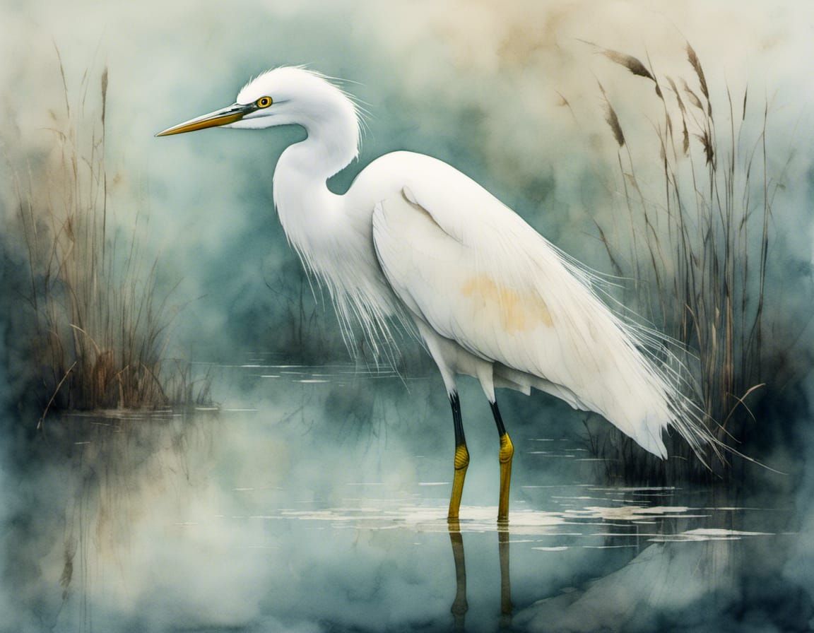 Snowy Egret in Misty Pond: Watercolor Hues