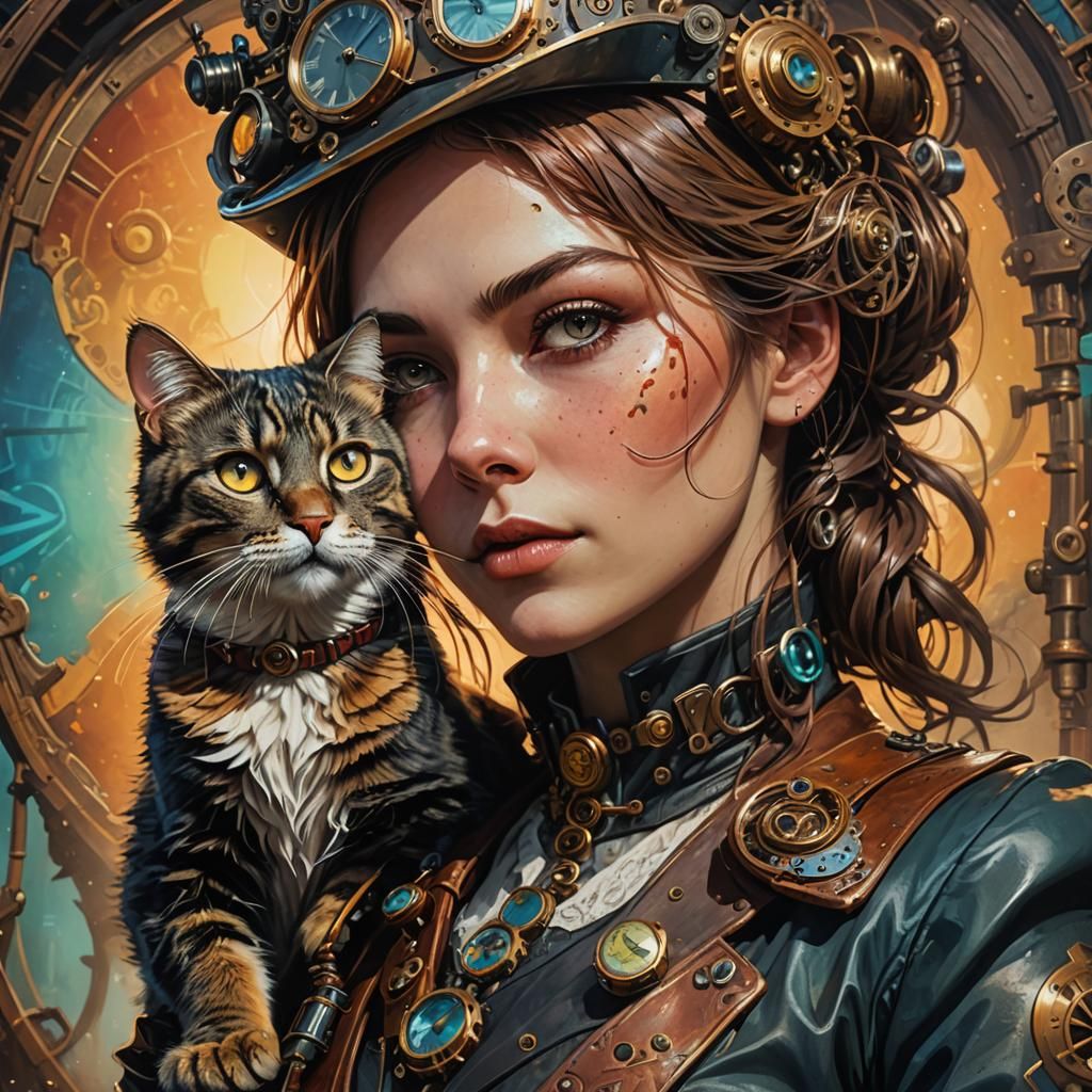 Steampunk Woman and Cat in Hyperrealistic Splash Art