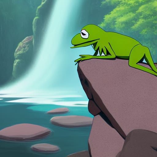 Kermit's Anime Adventure: Ghibli-Inspired Waterfall Scene