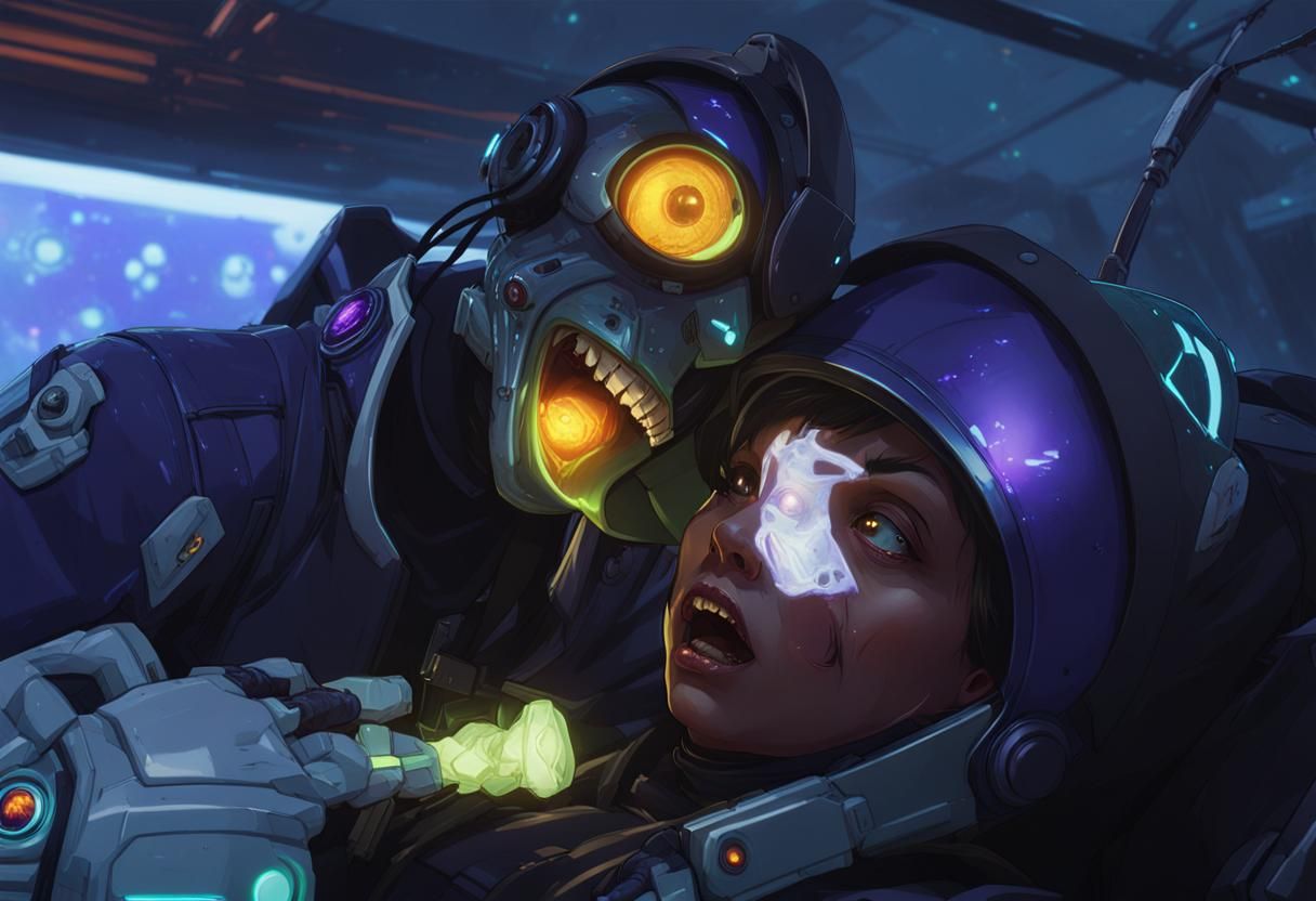 Goblin Chemist Examines Dead Trooper in Futuristic Scene