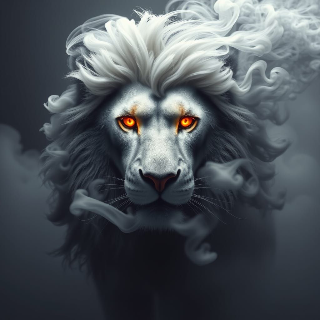 Majestic Lion Emerge from Smoke in Cyberpunk Aesthetic
