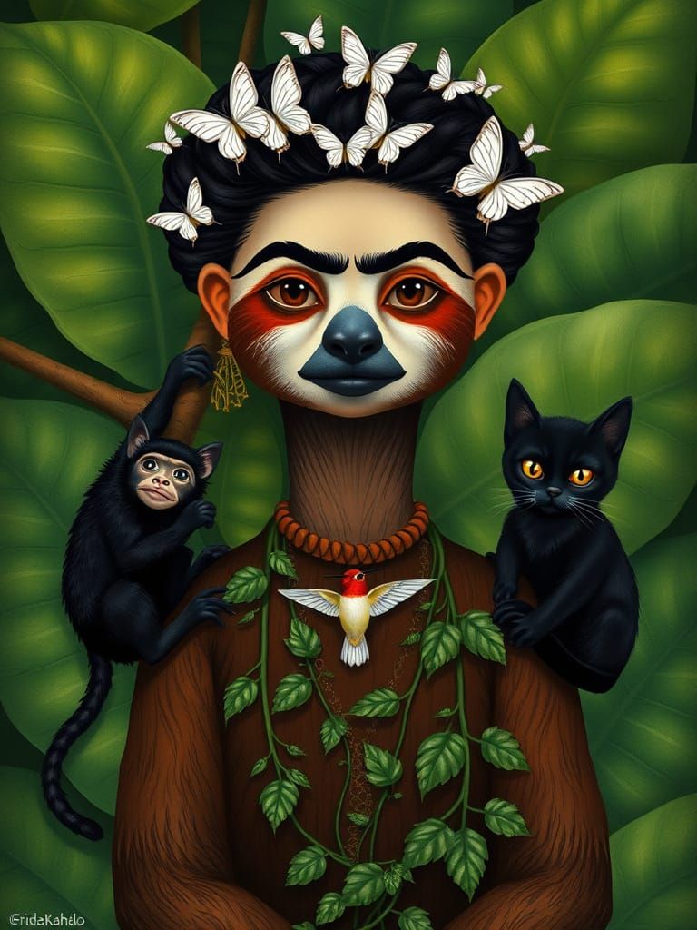 Frida Kahlo-Inspired Portrait of a Stoic Sloth