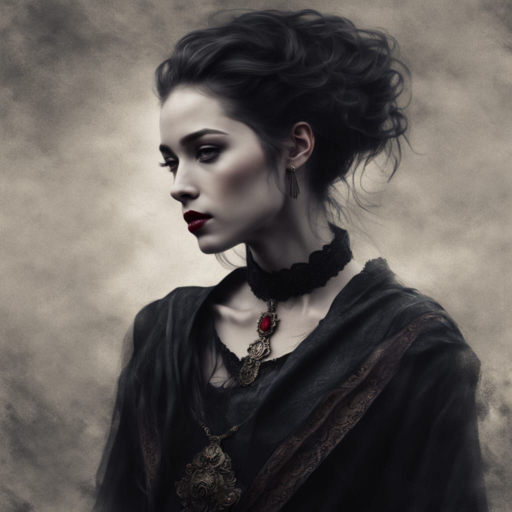 Gothic Beauty: Woman with Violet Eyes and Horns