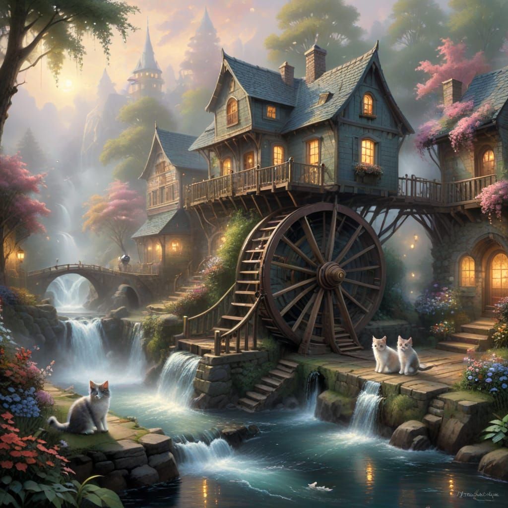 Whimsical Waterwheels in Enchanted Mist