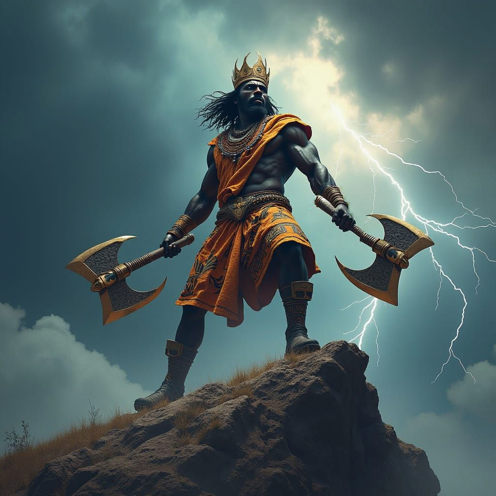 Powerful African King with Axes in Fantasy Landscape