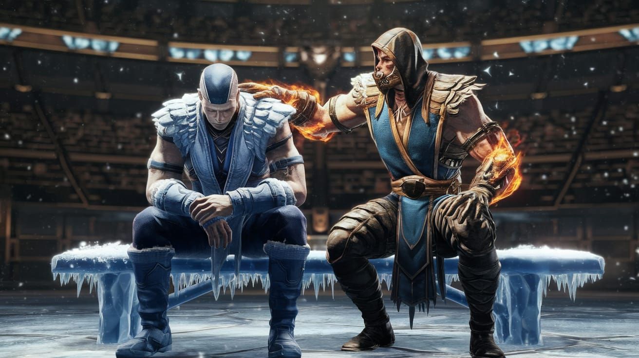 Scorpion Comforts Sub-Zero in Mortal Kombat Arena