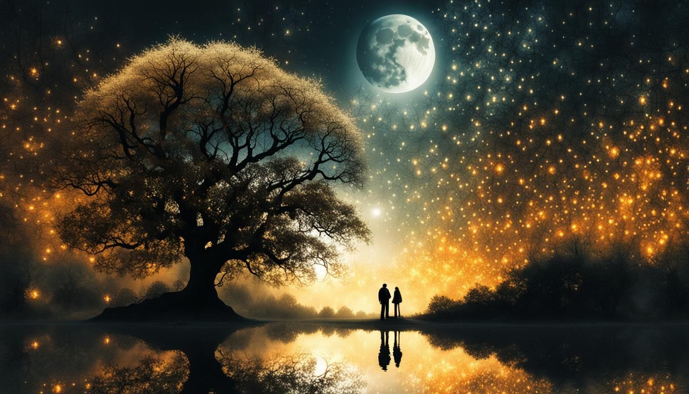 Filigree Fractal Art: Gay Couple Under Moonlit Tree