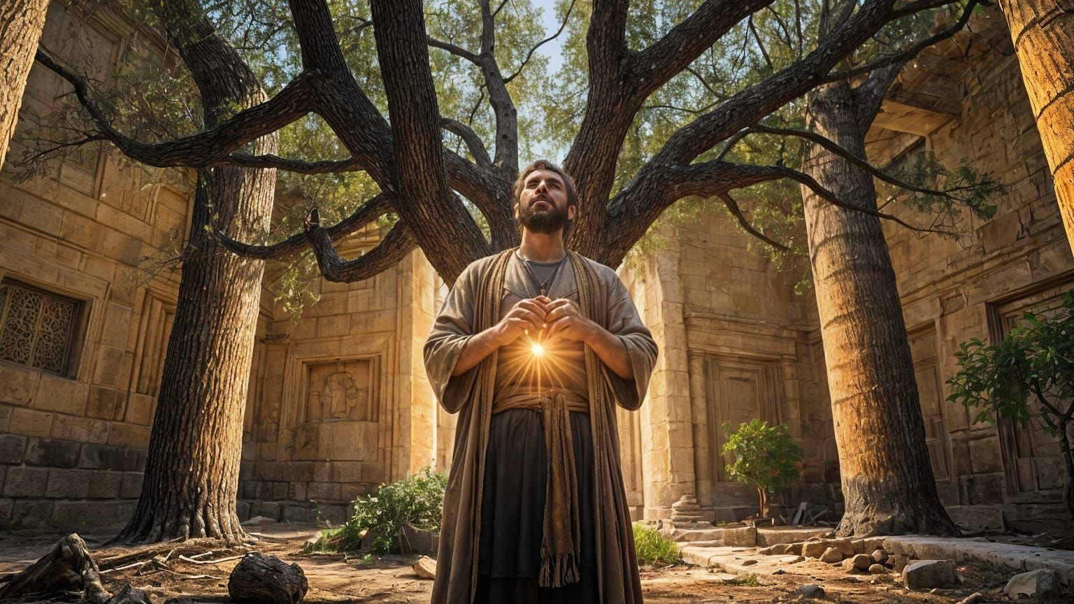 A Solomonic Prophet Stands Before the Ruins of a Burned Oliv...