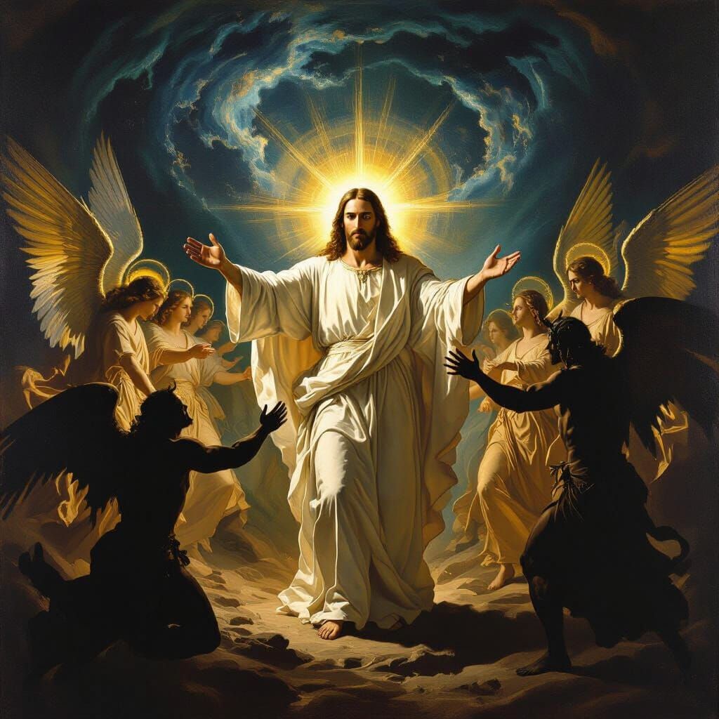 Jesus and Angels Confronting the Devil in Baroque Style