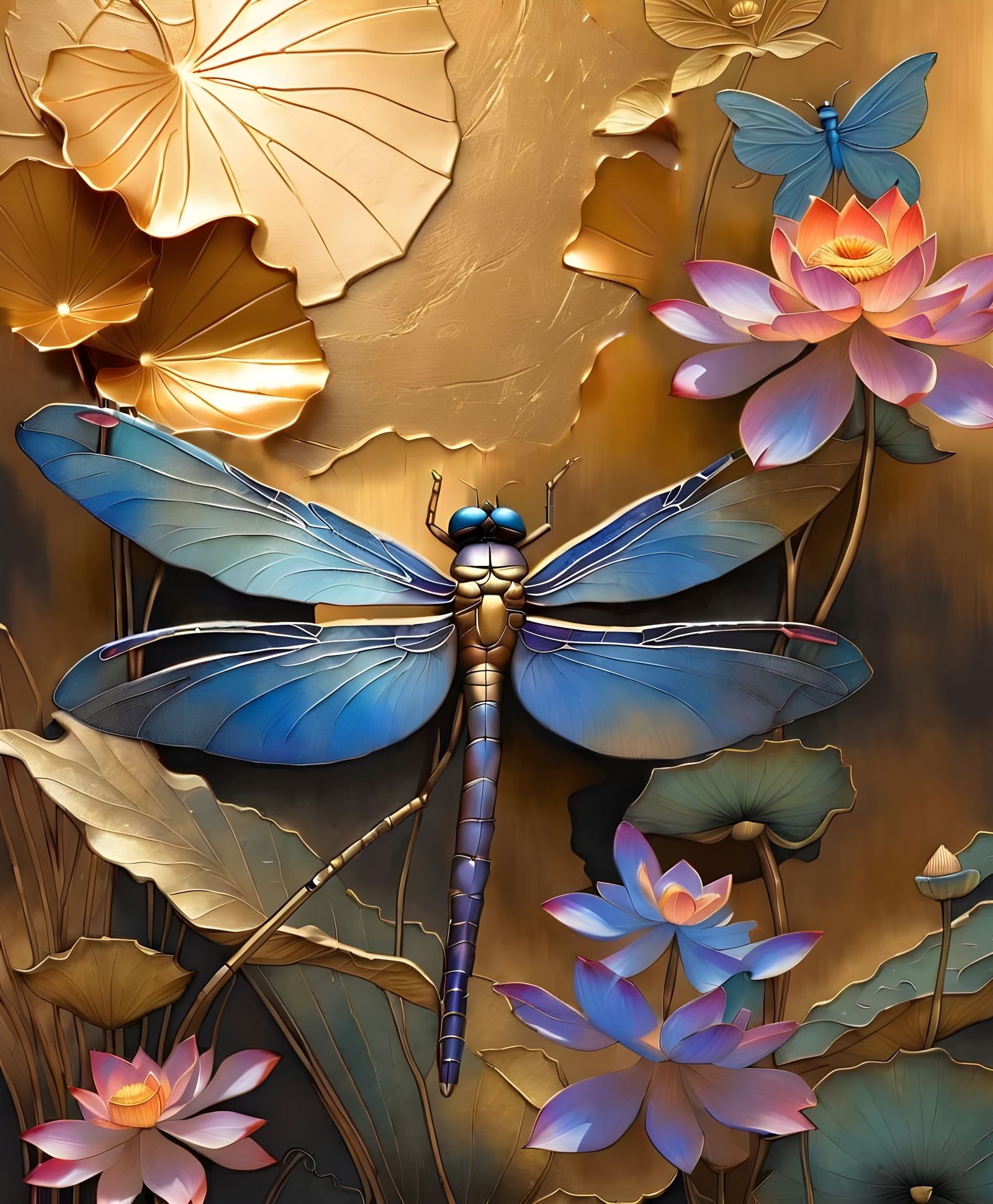Bronze Dragonfly on Gold Lotus Texture Art