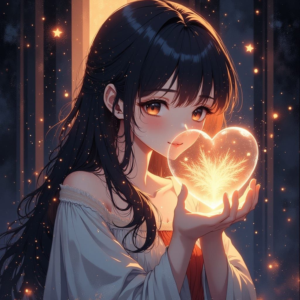 80s Anime Woman with Illuminated Glass Heart