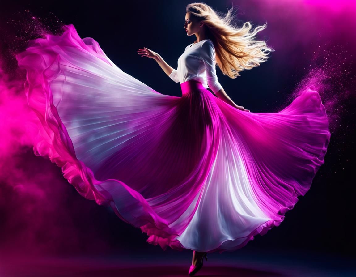 Lady in Wide Skirt Jumping with Magenta Streaks