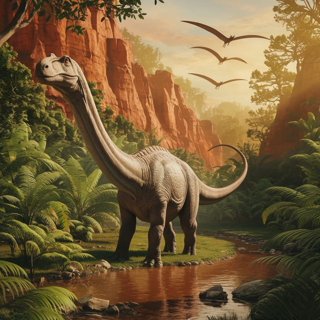 Sauropod Dinosaur in Sunlit Prehistoric Forest