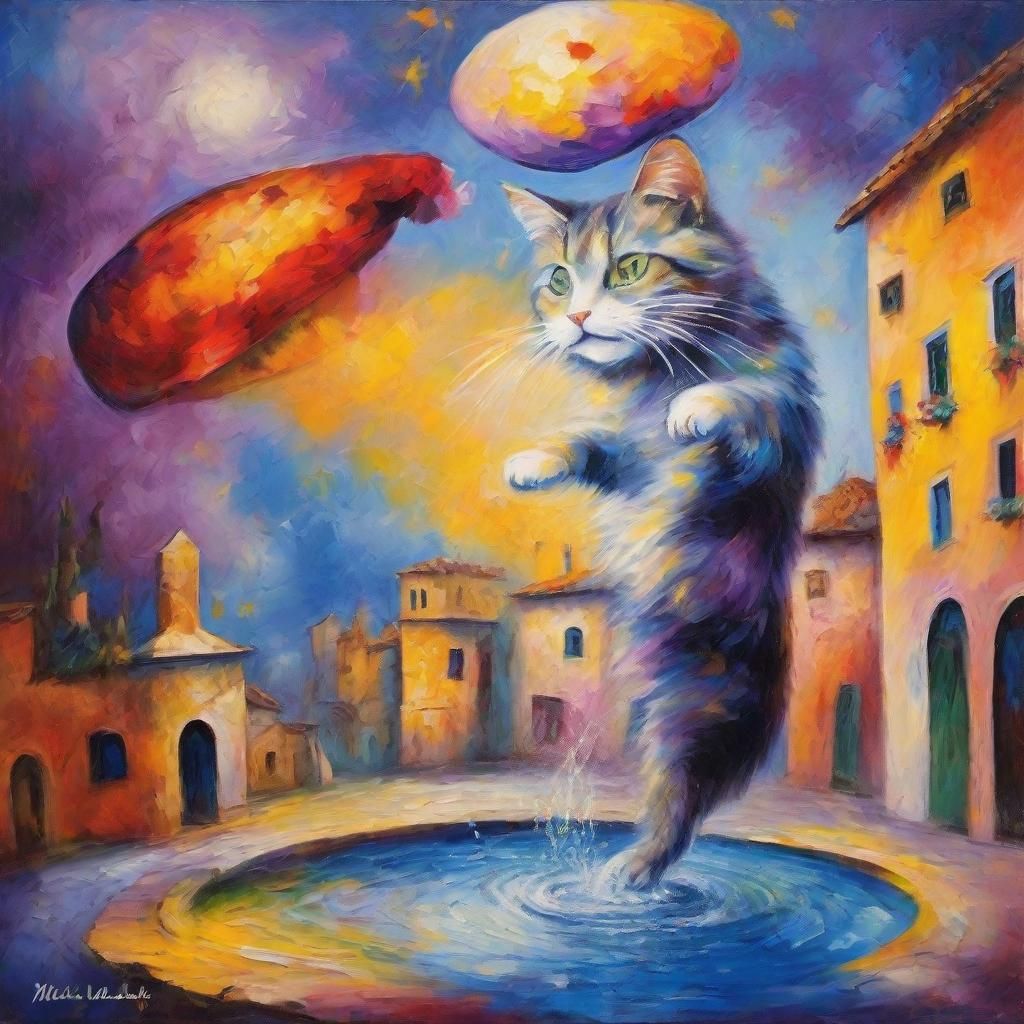 Surreal Cat at Fountain, Oil Painting in Fauvism Style