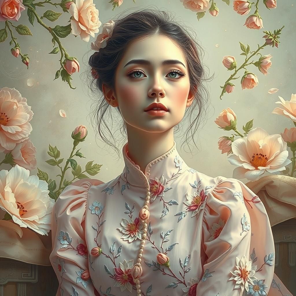 Woman in Floral Gown in Surreal Moonlit Setting