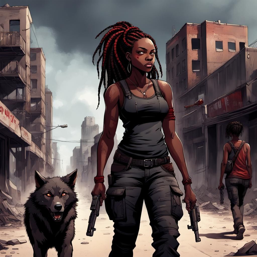Post-Apocalyptic Woman and Wolf in Digital Graphic Novel