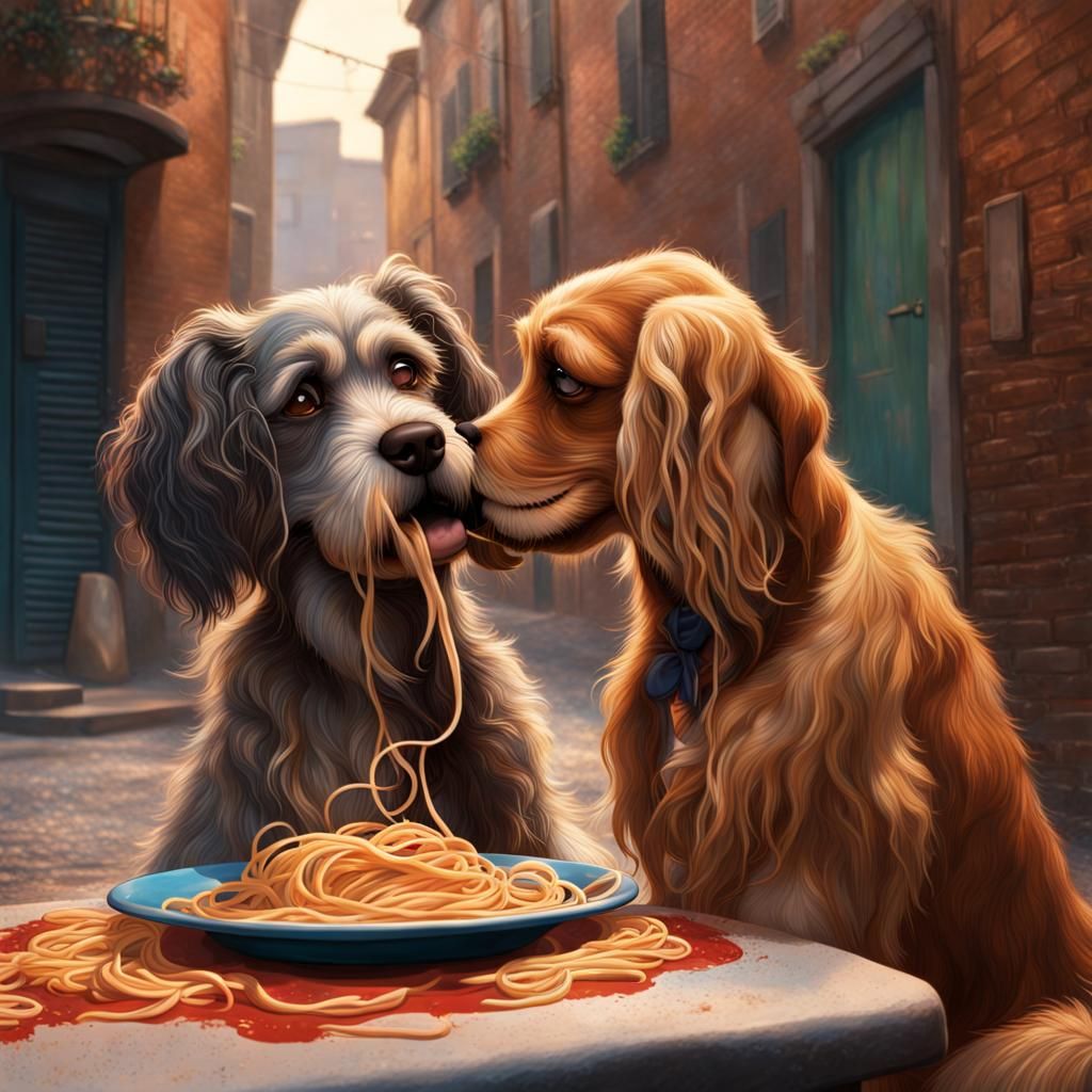 Hyperrealistic Lady and the Tramp Eating Spaghetti