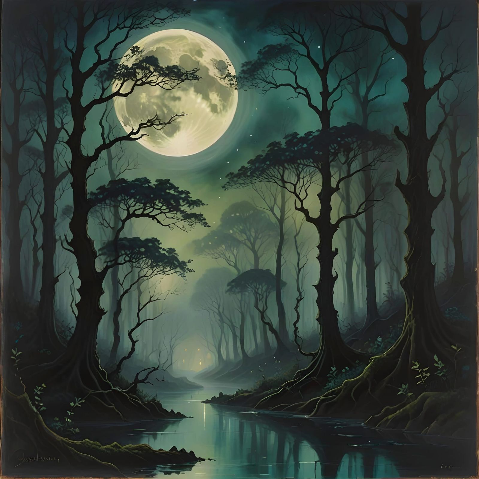 Mystical Moonlit Forest with Ethereal Mist
