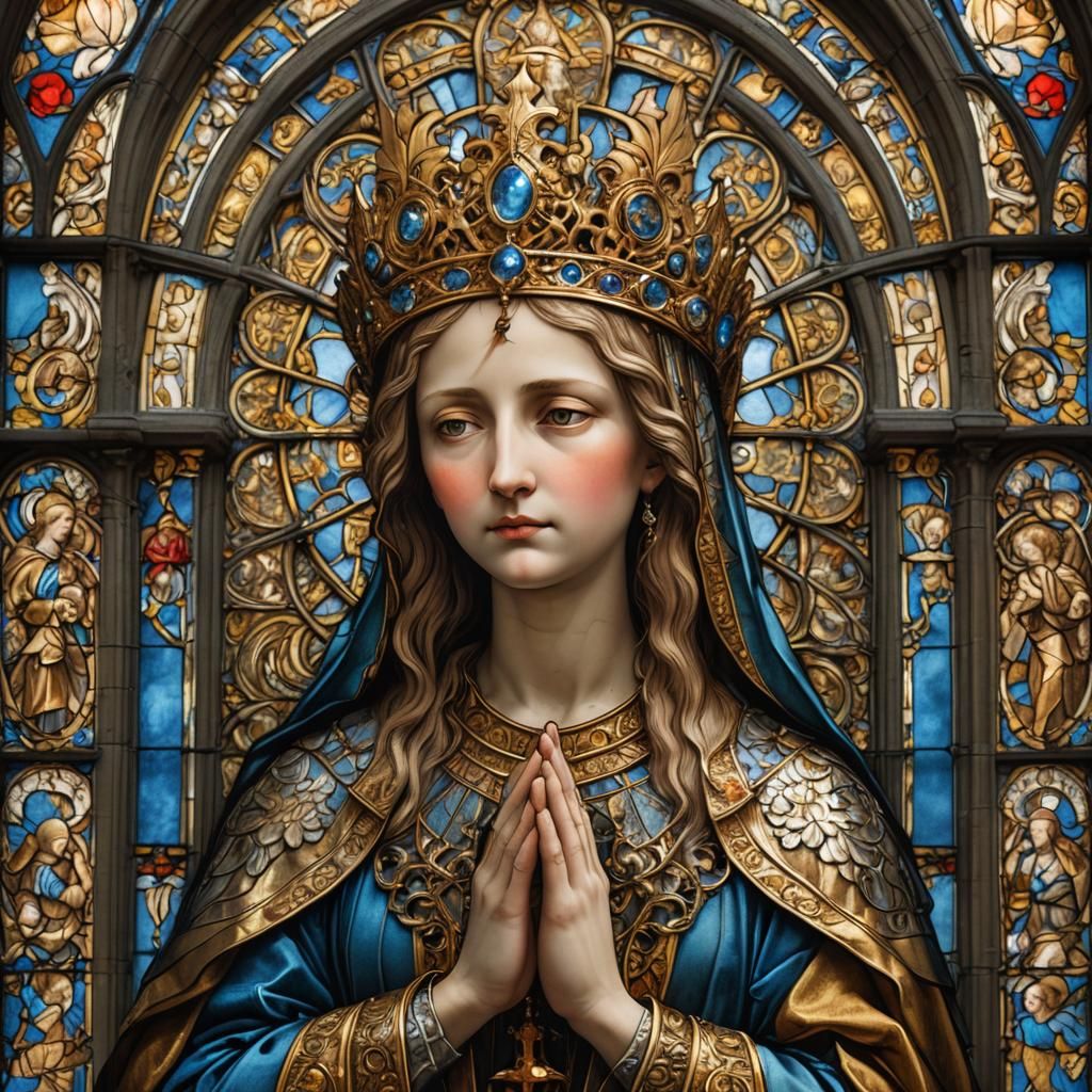 Gothic Stained Glass Portrait of Praying Virgin