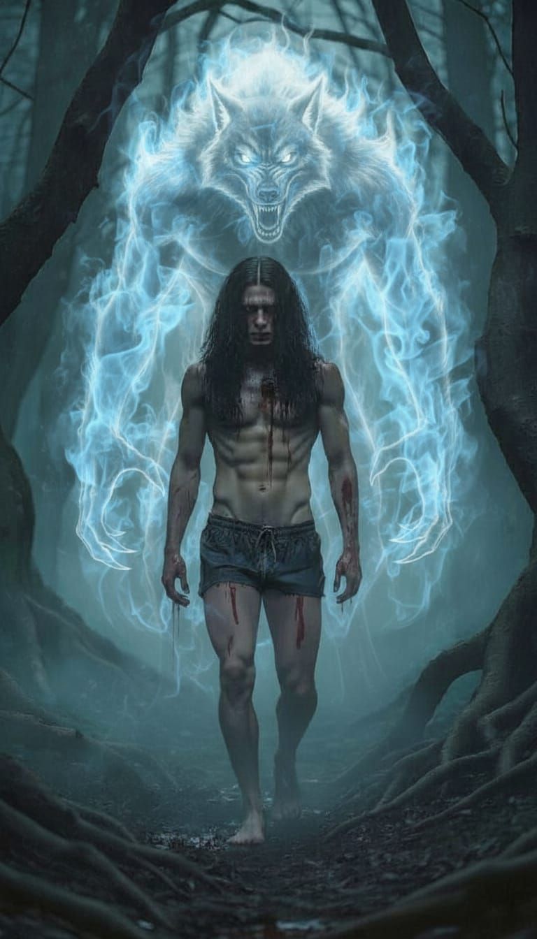 Horrified Man in Moonlit Forest with Blood Splatter