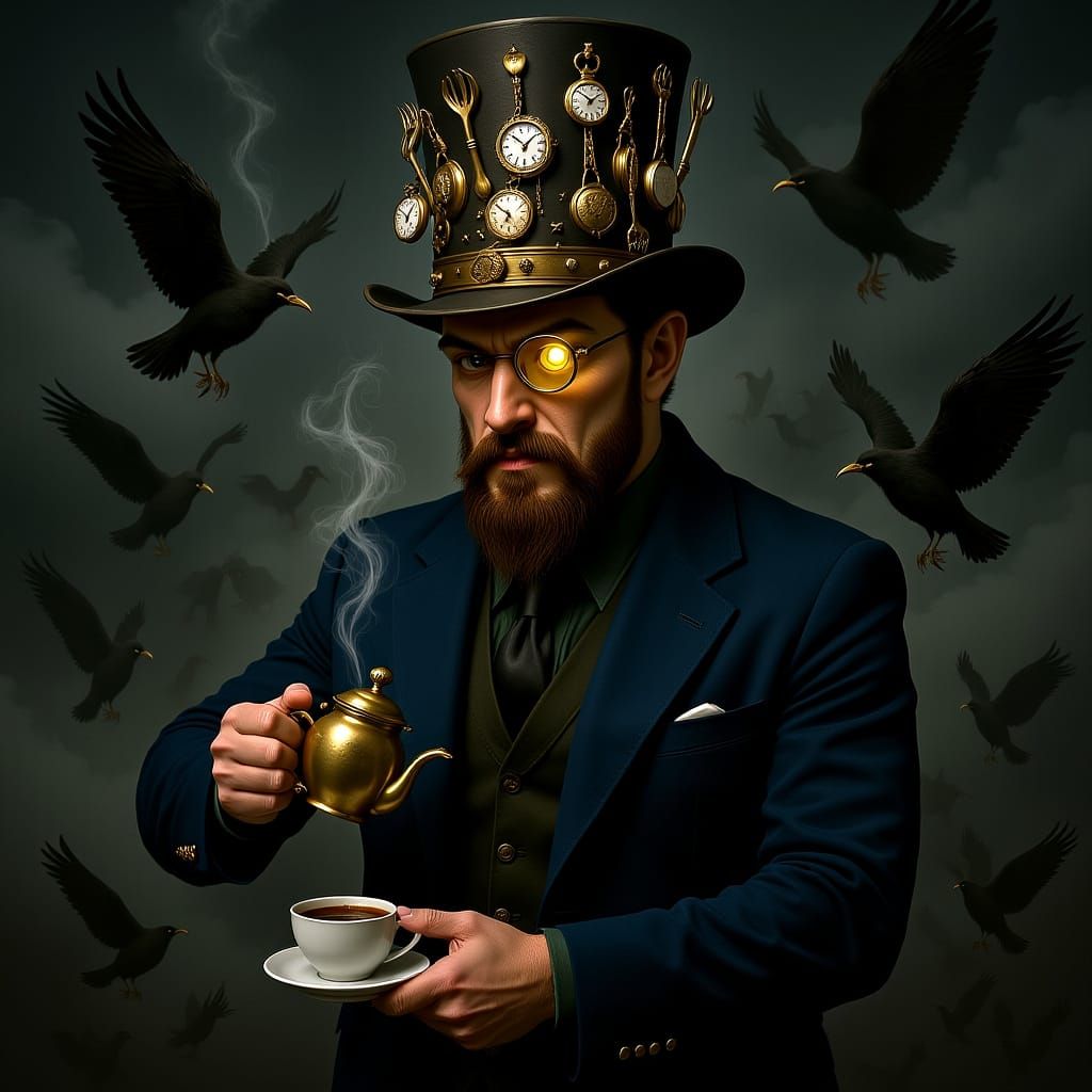 Steampunk Gentleman Pouring Tea with Clockwork Details