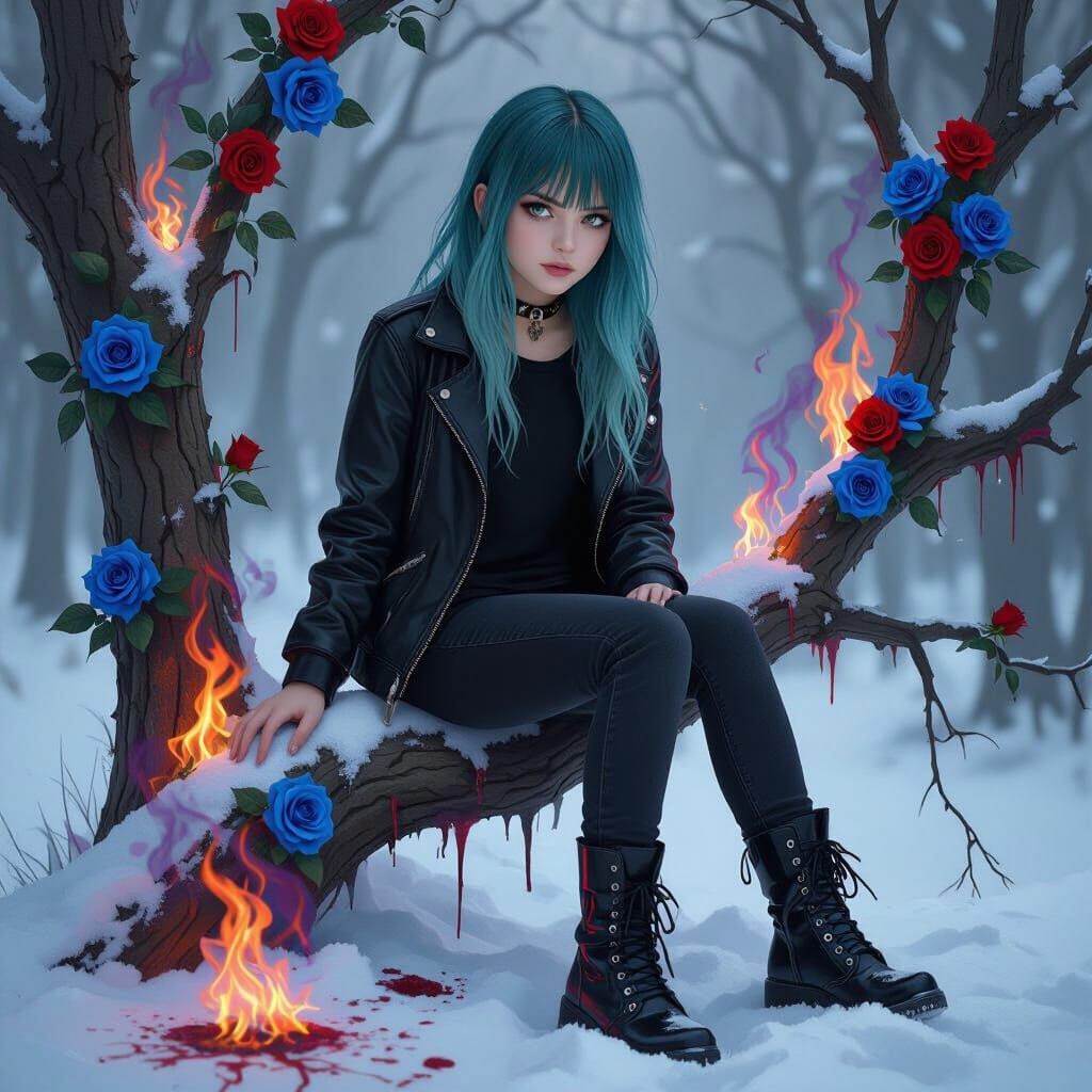 Teenage Girl in Fiery Winter Landscape