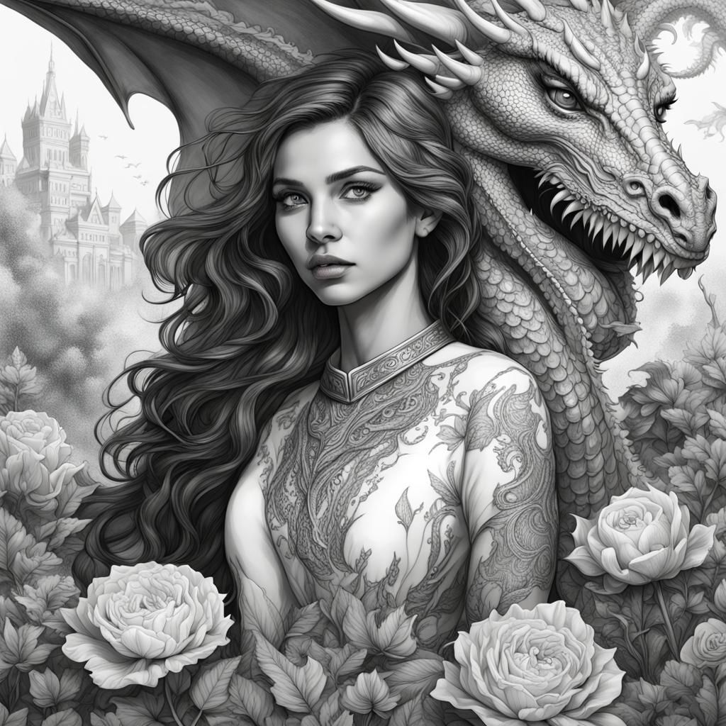 Coloring Page: Woman with Dragon and Flowers
