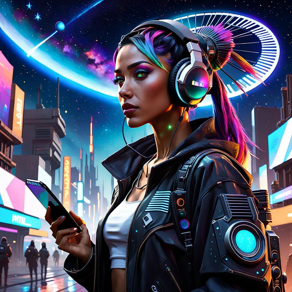 Cyberpunk Girl with Satellite Dish in Dystopian City