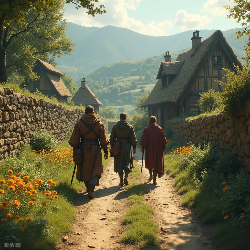 Travelers Enter Village: Fantasy Concept Art
