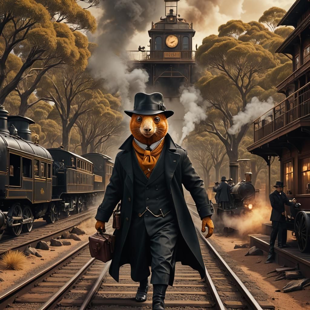 Detective Cuscus on Outback Train: Detailed Matte Painting