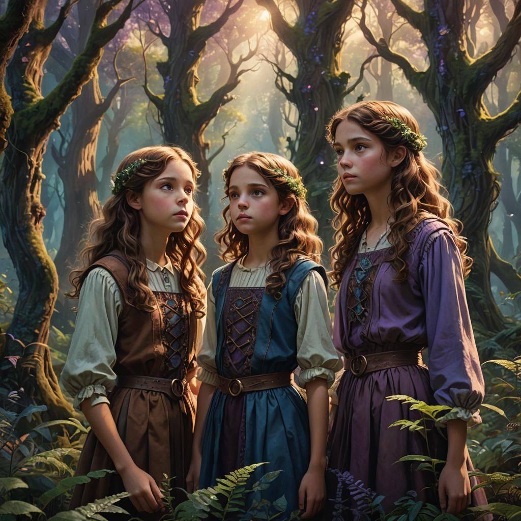 Whimsical Forest Scene with Three Girls