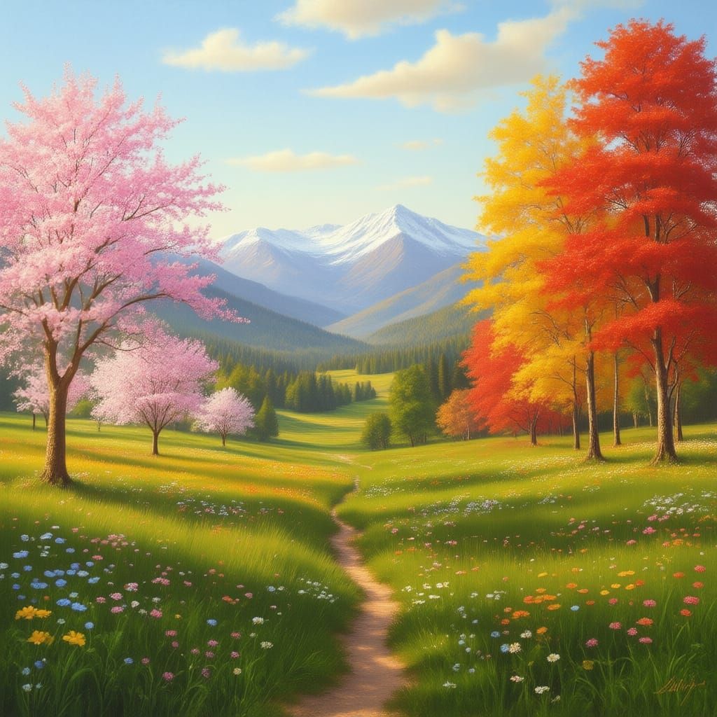 Four Seasons Valley Landscape in Traditional Oil Painting St...