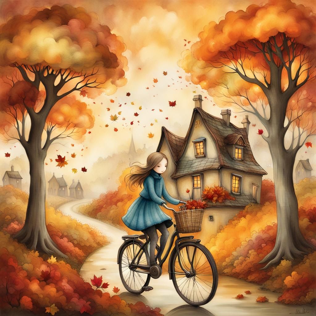 Girl Cycling Through Autumn Landscape in Alcohol Ink Style
