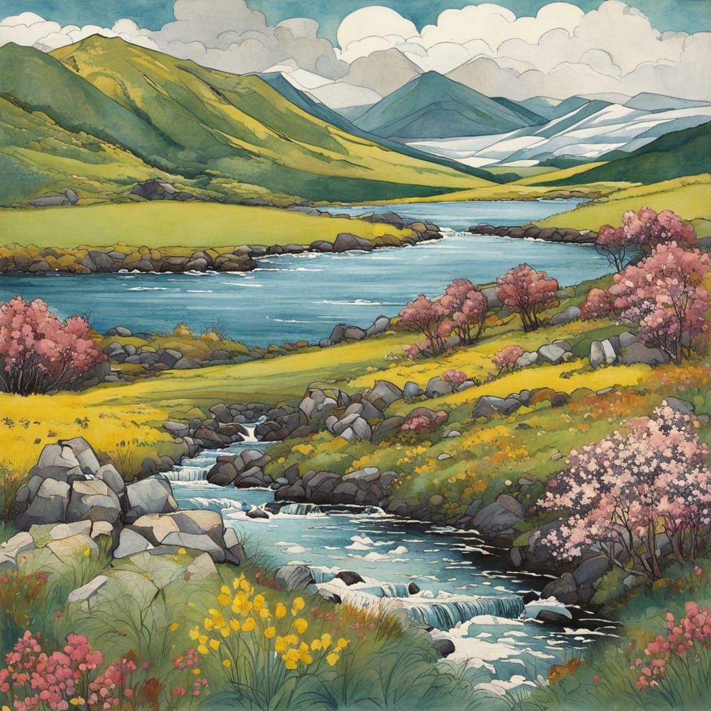 Medieval Scottish Highlands in Vibrant Spring Bloom