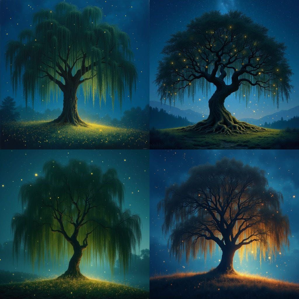 Weeping Willow Tree With Millions of Fireflies at Night