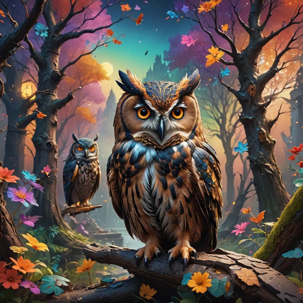 Fantastical Owl with Intricate Colorful Background