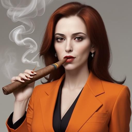 Businesswoman in Orange Suit Smoking a Cigar