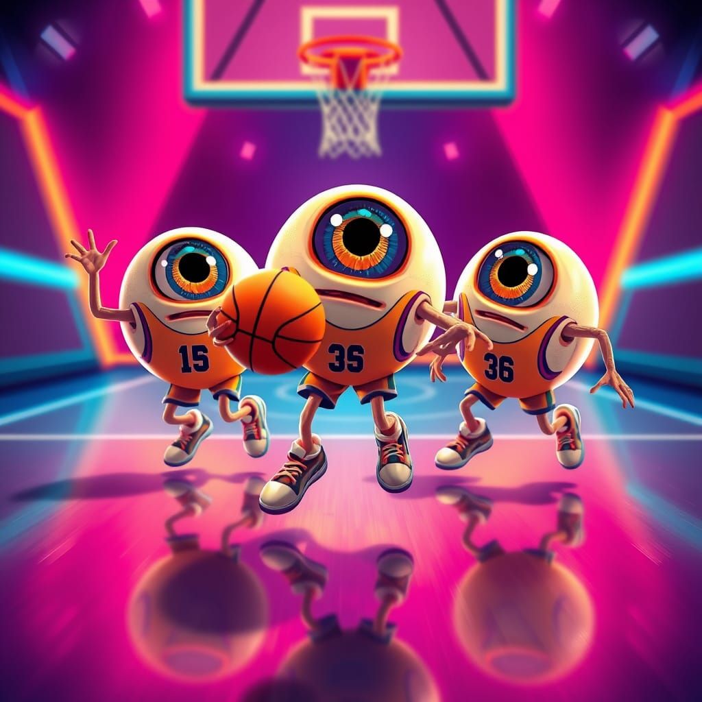 Surreal Eyeballs Play Basketball in a Neon-Lit Court