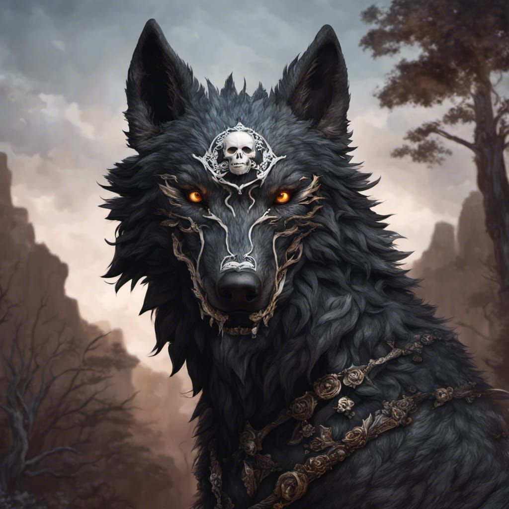 Black Wolf with Skull: Detailed Matte Painting