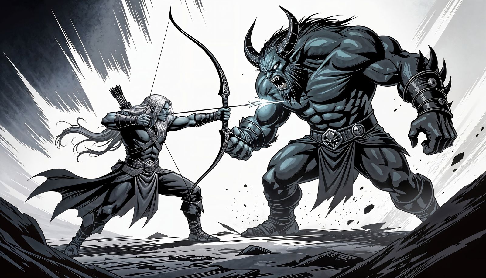 Drizzt Fighting Demon with Magic Bow in Wilderness