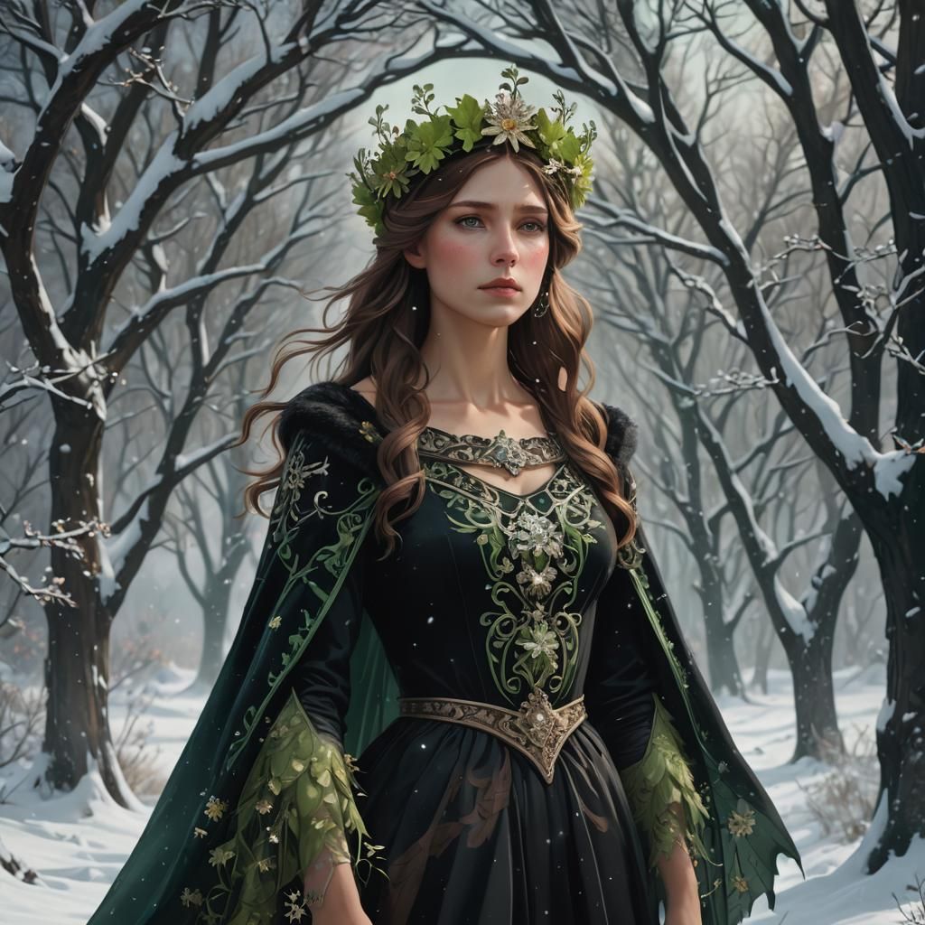 Dark Fantasy Woman in Summer Winter Landscape